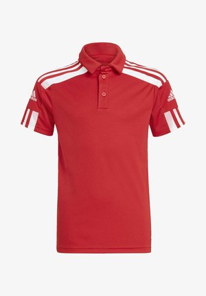 Rotes Poloshirt mit klassischem Kragen, versehen mit weißen Streifen auf den Schultern und Ärmeln. Hergestellt aus glattem Stoff mit Knopfverschluss.