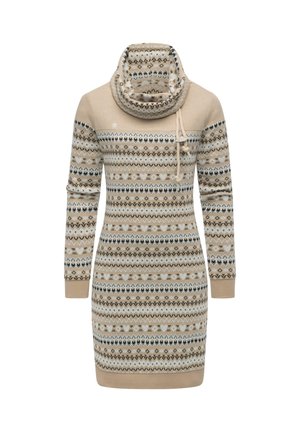 Beige Strickkleid mit Schalkragen, langen Ärmeln und gemustertem Design in braunen, schwarzen und hellblauen geometrischen Formen. Weiche Stofftextur.