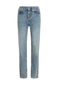 Jeans in denim azzurro chiaro con vita alta, chiusura frontale con bottone, cinque tasche e gambe dritte. Texture leggermente abrasata.