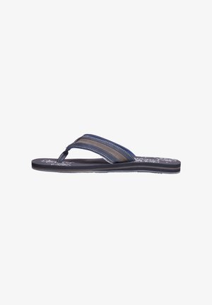 Navy and gray flip-flop sandal with a rubber sole, wide upper straps, and textured footbed featuring a floral pattern.