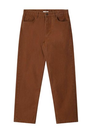 Bruine jeans met rechte pijpen, voorzakken, riemlussen en een knoopsluiting in de taille.
