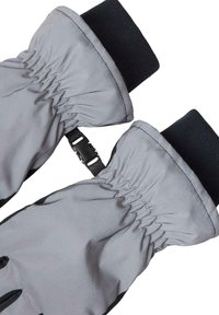 Grå isolerede handsker med elastiske manchetter og en sort ribbet forlængelse. Har et indsnøret design og en plastikspænde for sikker pasform.