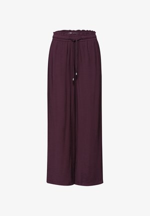 Pantalon ample à taille haute couleur prune avec taille élastique et cordon ajustable, en tissu léger.