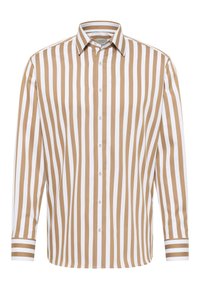 Gestreept shirt met afwisselend smalle bruine en witte verticale strepen, lange mouwen, een knoopsluiting voor en een spreidkraag.