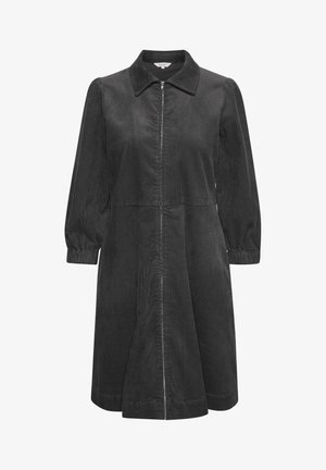 Černé kordové šaty s límečkem, dlouhými nabíranými rukávy a předním zipem. Mají vertikální pruhovaný vzor a rozšířený lem.