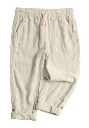 Pantaloni per bambini beige chiaro con strisce verticali, vita elastica, coulisse, tasche laterali e polsini con bottoni alle caviglie.