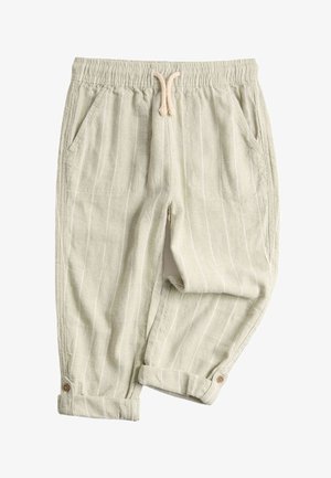 Pantaloni per bambini beige chiaro con strisce verticali, vita elastica, coulisse, tasche laterali e polsini con bottoni alle caviglie.