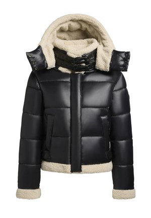 Padded black jacket with beige shearling lining, high collar with buckle details, and two front pockets. Cropped length with elastic cuffs.