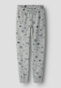 Grå pysjbukser med elastisk midjebånd, med et romtema-print av planeter, raketter og stjerner i blått, gult og rødt.