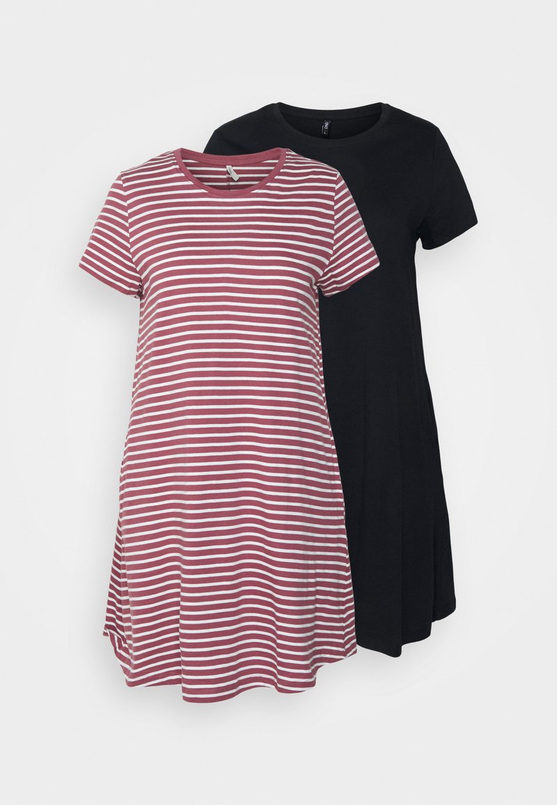 Dois vestidos de manga curta: um em preto, o outro listrado em vermelho e branco. Ambos têm decotes redondos e um corte solto.