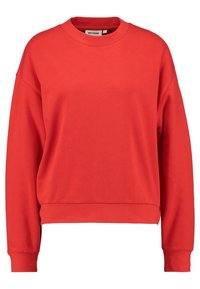 Sudadera roja con cuello redondo, mangas largas y puños acanalados. Confeccionada con tela suave, ajuste relajado y detalles de costuras mínimas.