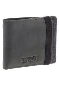 Cartera de cuero gris con un acento texturizado en púrpura, banda elástica, bordes redondeados y logotipo en relieve en la parte frontal.