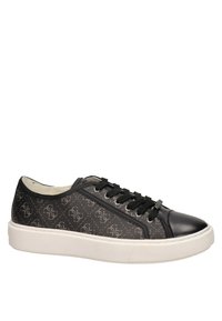 Sneakers neri con tomaia in tessuto stampato che presenta un design del logo, punta in pelle, suola in gomma bianca e lacci neri.