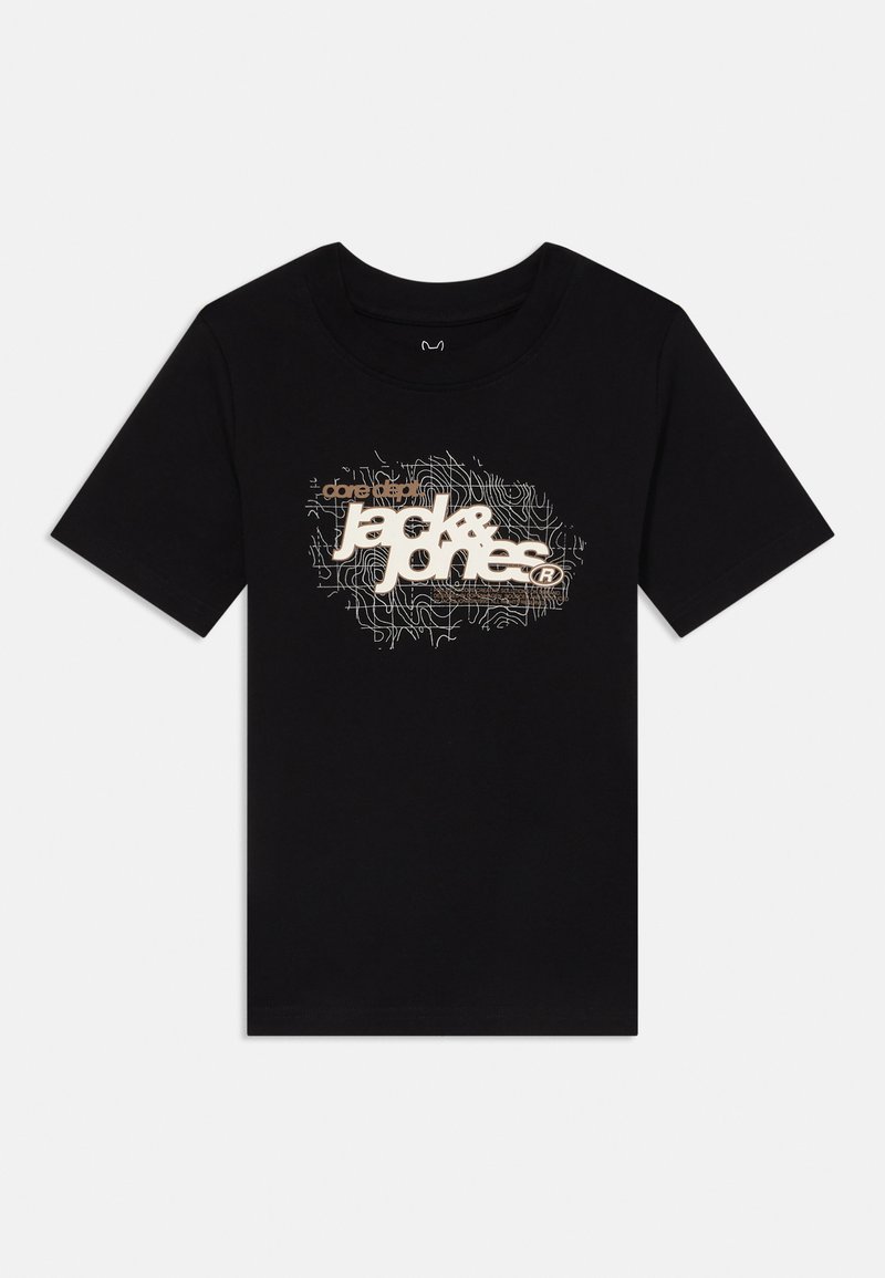 T-shirt de algodão preto com um design gráfico em creme e castanho claro, apresentando texto entrelaçado e linhas abstratas. Mangas curtas e decote redondo.