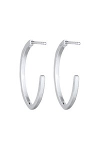 Ohrringe aus Sterling Silber in einem schlanken, länglichen Design. Die Oberfläche ist poliert und weist eine dünne, offene Kurve auf, die mit einem gesicherten Posten befestigt ist.