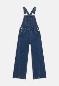 Salopete din denim cu picioare largi, bretele ajustabile, buzunar frontal și cleme din metal. Material de culoare albastru închis cu detalii de cusătură vizibile.