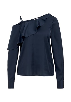 Blusa a maniche lunghe blu navy con una riga a sbuffo su un lato e una sottile spallina sull'altro lato.