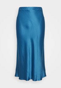 Jupe midi en satin bleu avec une texture lisse et un éclat subtil, dotée d'un ourlet légèrement évasé et d'une taille haute.