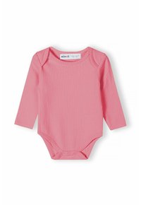 Bodysuit za bebe s dugim rukavima od mekog ružičastog rebrastog materijala, s okruglim izrezom i kopčama na dnu za lakše oblačenje.