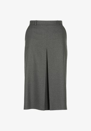 Grauer taillierter Rock aus strukturiertem Stoff mit gerader Silhouette, der einen Schlitz vorne und Gürtelschlaufen an der Taille aufweist.