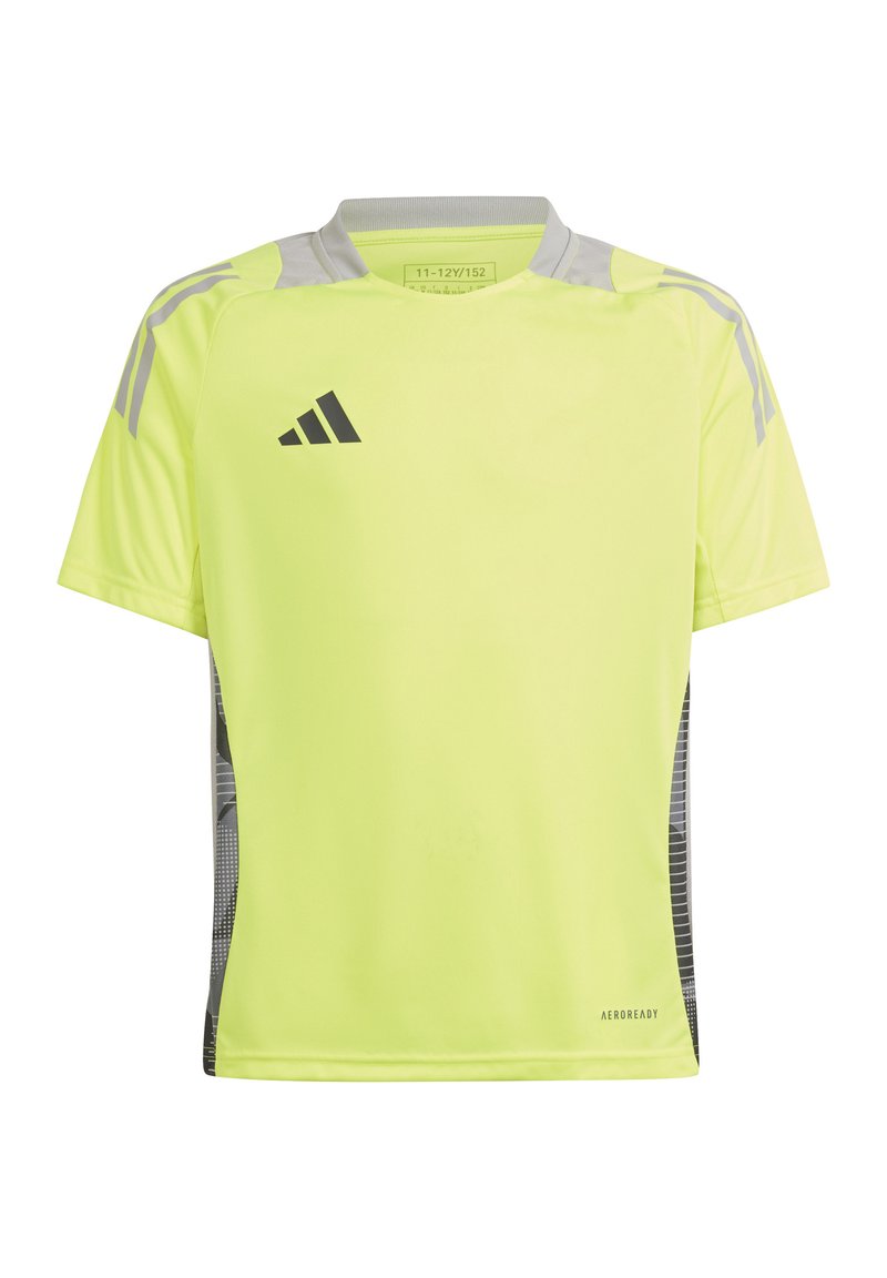 T-shirt de sport à manches courtes jaune vif avec des accents gris et un logo. Comprend un col rond et un tissu léger qui évacue l'humidité.