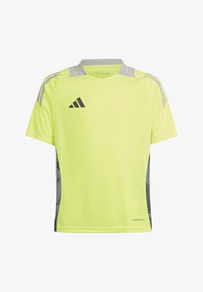 T-shirt de sport à manches courtes jaune vif avec des accents gris et un logo. Comprend un col rond et un tissu léger qui évacue l'humidité.
