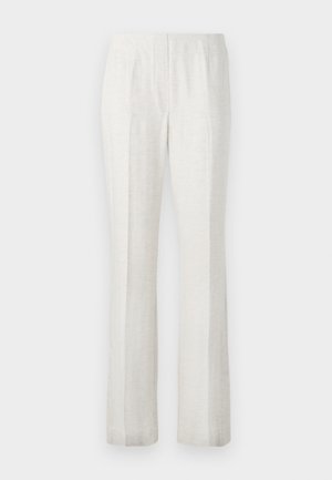 Light-colored, straight-leg trousers with a smooth texture, featuring front pleats and a clean waistband design.