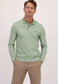 Lichtgroene long sleeve poloshirt van een gestructureerde stof, met een knoopsluiting op de kraag, contrasterende gestreepte details en een klein borstzakje.
