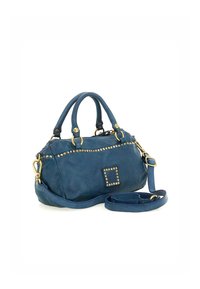 Borsa in pelle di un blu scuro con accessori in metallo dorato, dettagli borchiati, manici arrotondati e una tracolla removibile. Texture liscia.