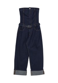 Tuta in denim scuro con un top corsetto alto e strutturato, vita con cintura e maniche arrotolate alla caviglia. Disponibile con una finitura pulita.