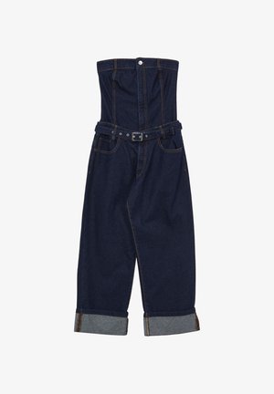 Dunkelblauer Jeans-Overall mit einem hohen, strukturierten Korsettoberteil, tailliertem Bund und aufgerollten Bündchen an den Knöcheln. Erhältlich in einem sauberen Finish.