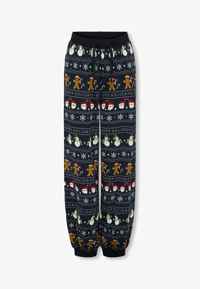 Pantalon de pyjama bleu marine pour les fêtes avec des motifs de Père Noël, bonhommes de neige, bonshommes en pain d'épices, flocons de neige, cannes en sucre d’orge et texte "Joyeuses fêtes".
