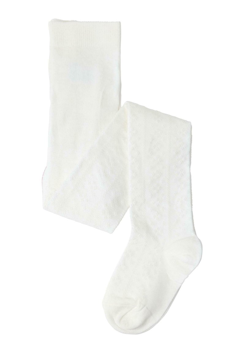 Vita stickade strumpor med ett strukturerat diamantmönster, med en ribbad mudd och sömlös tådesign för komfort.