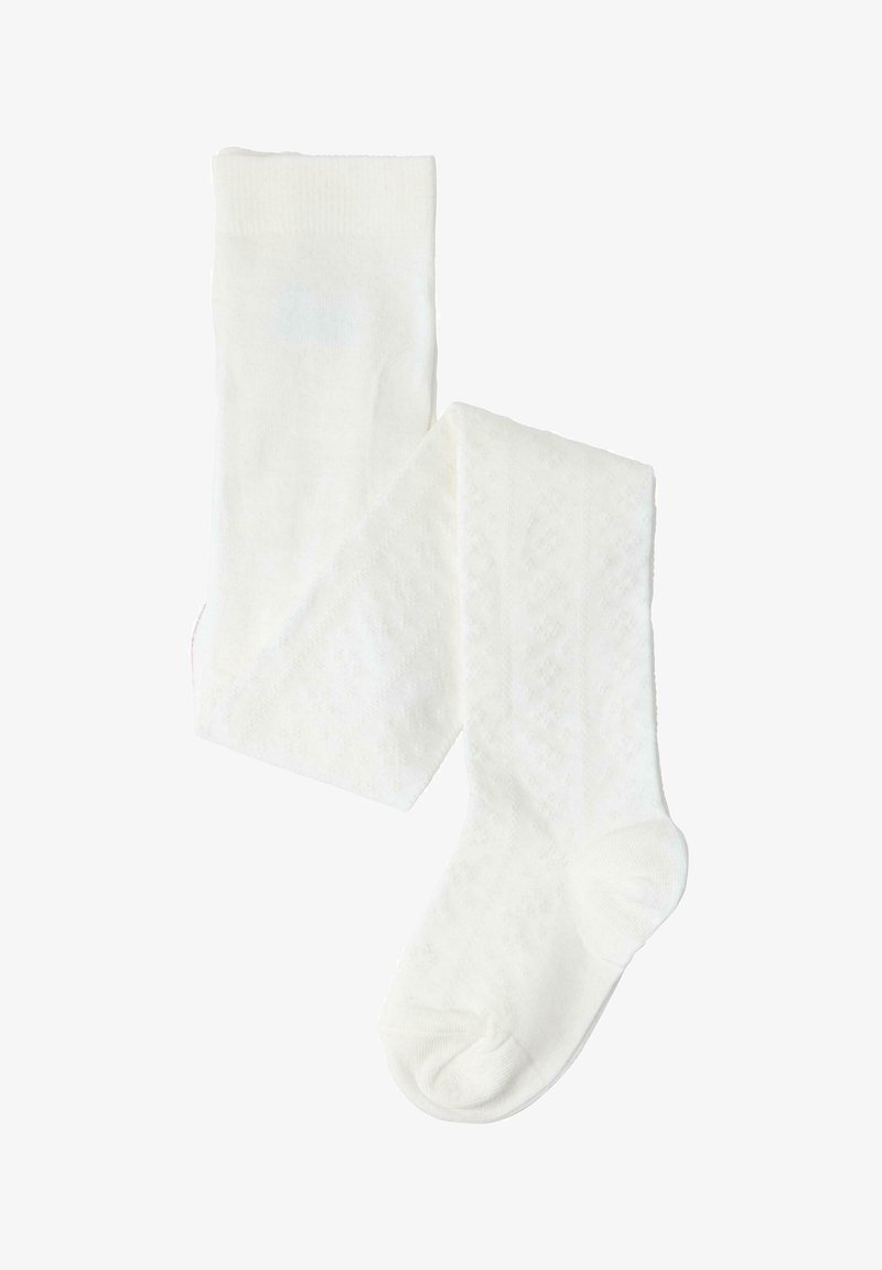 Hvide strikkede sokker med et struktureret diamantmønster, der har en ribbet manchet og en sømløs tådesign for komfort.