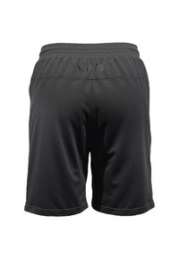 Zwarte sportshorts van zachte stof, met een elastische tailleband, een gladde textuur en minimale stikdetails.