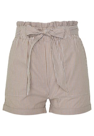 Short beige et blanc à rayures verticales taille haute avec une taille paperbag et une ceinture nouée à l'avant.
