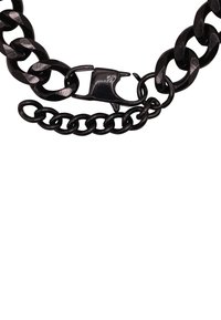 Collana in catena nera con grandi anelli testurizzati e chiusura a gabbiano con attacco di una catena più piccola.