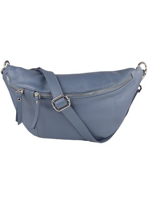 Blaue Leder-Umhängetasche mit silbernem Reißverschluss, verstellbarem Riemen und zwei kleinen vorderen Reißverschlusstaschen vor weißem Hintergrund.