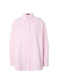 Camisa rosa claro de manga larga con botones, rayas verticales, cuello clásico y puños abotonados.