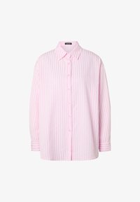 Camisa rosa claro de manga larga con botones, rayas verticales, cuello clásico y puños abotonados.