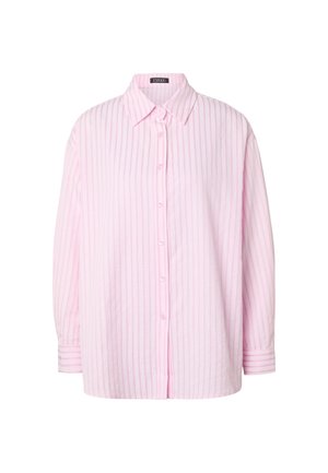 Chemise rose clair à manches longues, boutonnée, à rayures verticales, col classique et poignets boutonnés.