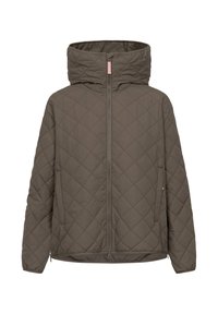 Bruine gevoerde jas met capuchon, voorrits en zijzakken, ontworpen voor warmte en casual draagcomfort.