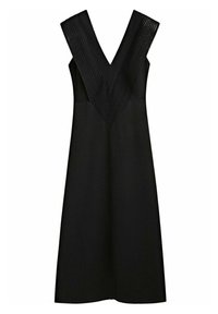 Robe noire mi-longue sans manches avec un décolleté en V profond, présentant des détails en maille texturée à l'avant et une taille cintrée.
