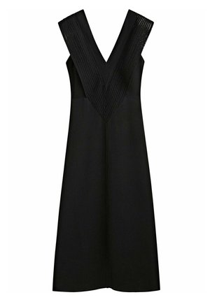 Sleeveless black midi dress with deep V-neckline featuring textured mesh detailing at the front and fitted waist.