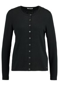 Sort langærmet cardigan med knapper foran, rund halsudskæring, ribbet kant og sølvfarvede knapper. Blød tekstur og tætsiddende pasform.