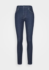 Smala jeans i mörk denim med en slät yta, femficksdesign och synlig sömnad. Har en knappstängning och en klassisk passform.