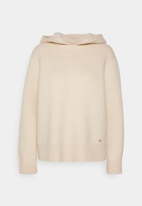 Beige Kapuzenpullover aus Strickstoff mit gerippten Bündchen und Saum. Verfügt über ein kleines goldfarbenes Logo-Akzent nahe dem Saum.