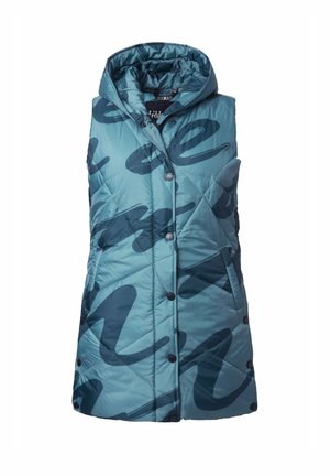 Puffige ärmellose Weste in Petrol mit glänzender Oberfläche, ausgestattet mit Kapuze, gestepptem Design, dunkelblauen abstrakten Mustern und Druckknöpfen.