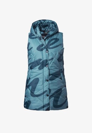 Gilet senza maniche imbottito in teal con finitura lucida, dotato di cappuccio, design trapuntato, motivi astratti blu scuro e bottoni a pressione.