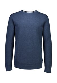 Maglione blu navy con motivo a lavorazione testurizzata, collo rotondo e bordi a coste su polsini e orlo. Il dettaglio delle aperture laterali migliora la forma.